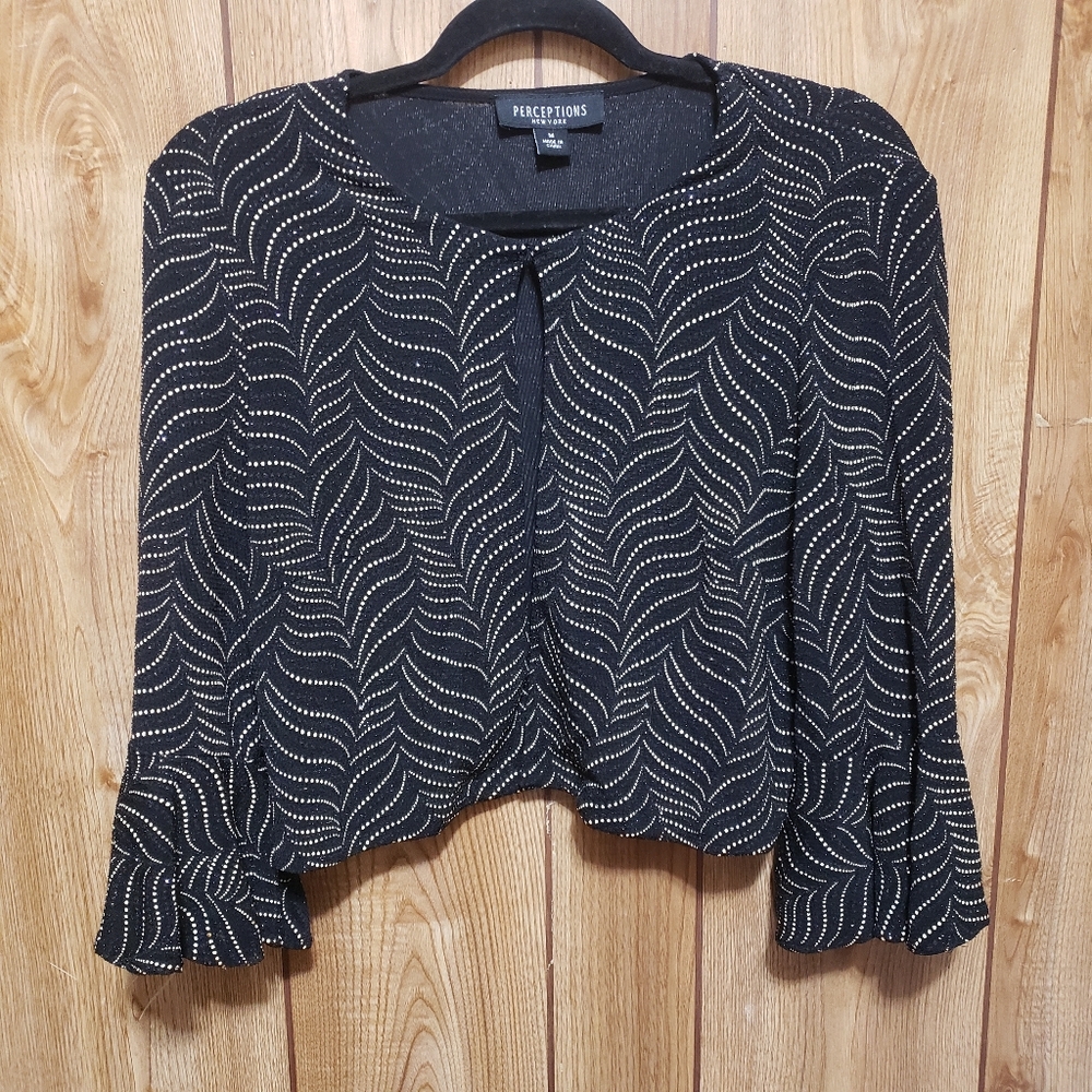 Cropped Jacket Sz M 3/4 Sleeve Black Gold Sparkly Special Occasion Retro Chic